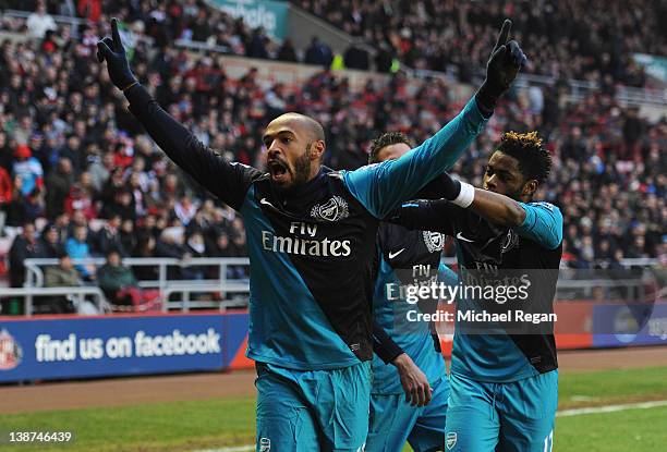 Thierry Henry of Arsenal celebrates scoring to make it 2-1 with Alex Song during the Barclays Premier League match between Sunderland and Arsenal at...