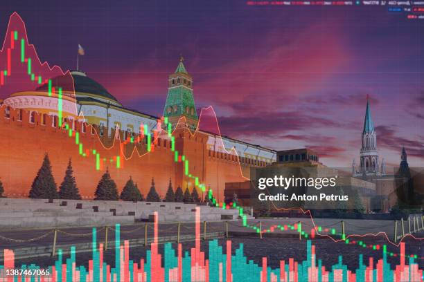 red square, moscow kremlin on the background of stock charts. economic crisis. russia - russian fotografías e imágenes de stock