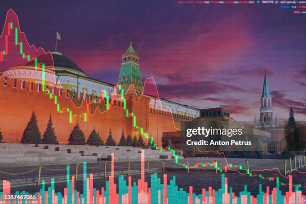 red square, moscow kremlin on the background of stock charts. economic crisis. russia - russia foto e immagini stock