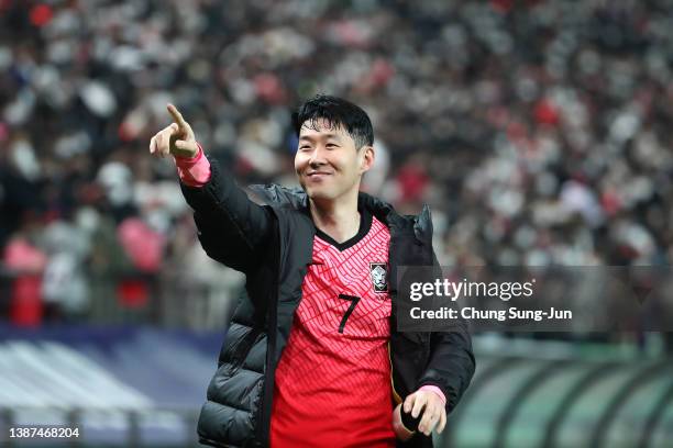 Son Heung-Min of South Korea celebrates after the FIFA World Cup Asian Qualifier Final Round Group A match between South Korea and Iran at Seoul...