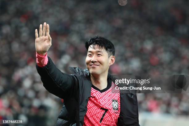 Son Heung-Min of South Korea celebrates after the FIFA World Cup Asian Qualifier Final Round Group A match between South Korea and Iran at Seoul...