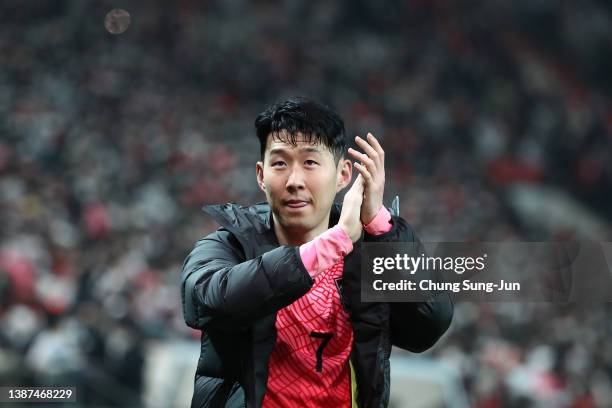 Son Heung-Min of South Korea celebrates after the FIFA World Cup Asian Qualifier Final Round Group A match between South Korea and Iran at Seoul...