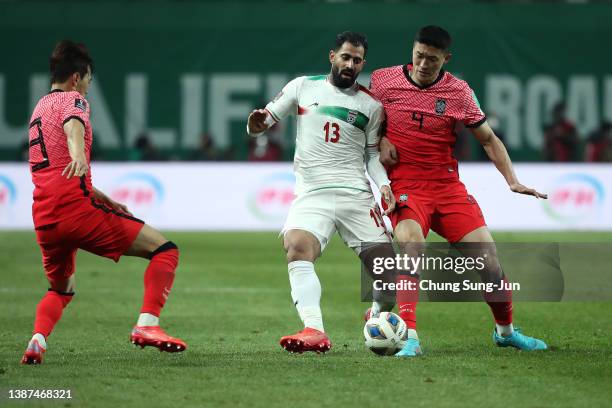 Hossein Kanani of Iran competes for the ball with Kim Min-Jae of South Korea during the FIFA World Cup Asian Qualifier Final Round Group A match...