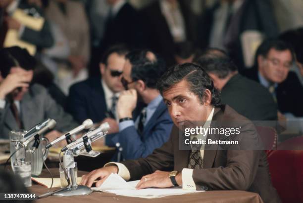 American lawyer Gerald Alch testifies at the Senate Watergate Committee hearing, held in the Russell Caucus Room in the Russell Senate Office...