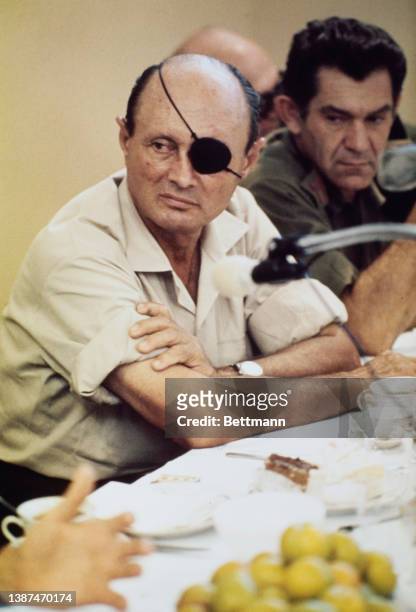 Israeli military leader and politician Moshe Dayan , Israeli Defence Minister, attends a press conference in Jerusalem, Israel, 1st August 1973.