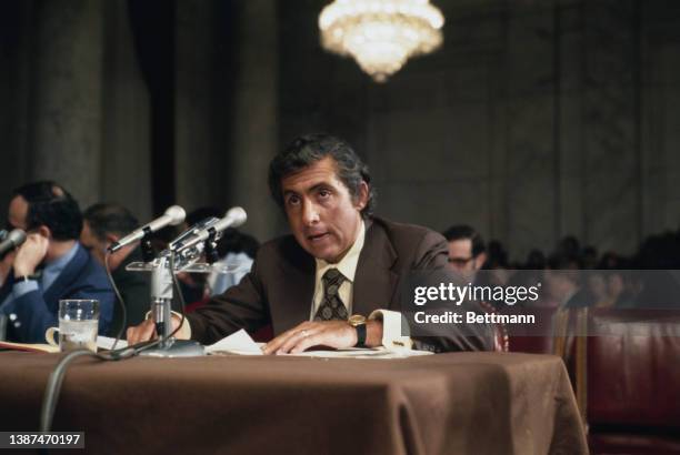 American lawyer Gerald Alch testifies at the Senate Watergate Committee hearing, held in the Russell Caucus Room in the Russell Senate Office...
