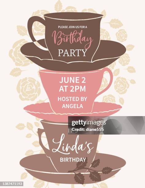 tea party invitation template with a tea and roses - tea party 幅插畫檔、美工圖案、卡通及圖標