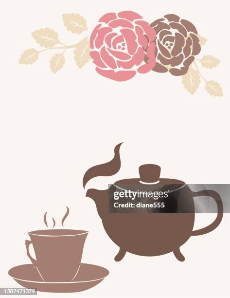 tea party invitation template with a tea and roses - tea cup vector stock illustrations