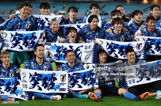 Japan celebrate victory during the FIFA World Cup Qatar 2022 AFC Asian Qualifying match between the Australia Socceroos and Japan at Accor Stadium on...