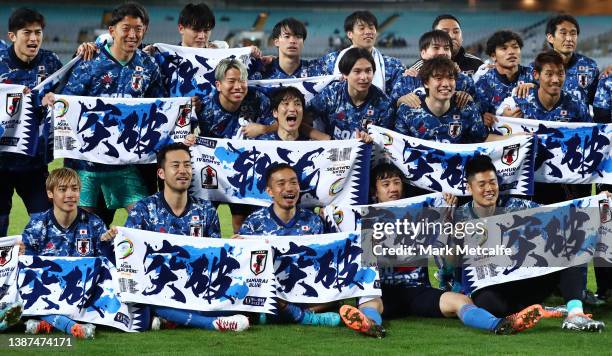 Japan celebrate victory during the FIFA World Cup Qatar 2022 AFC Asian Qualifying match between the Australia Socceroos and Japan at Accor Stadium on...