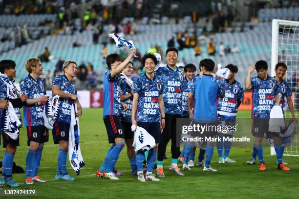 Japan celebrate victory during the FIFA World Cup Qatar 2022 AFC Asian Qualifying match between the Australia Socceroos and Japan at Accor Stadium on...