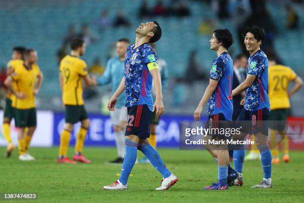 Maya Yoshida of Japan celebrates victory during the FIFA World Cup Qatar 2022 AFC Asian Qualifying match between the Australia Socceroos and Japan at...