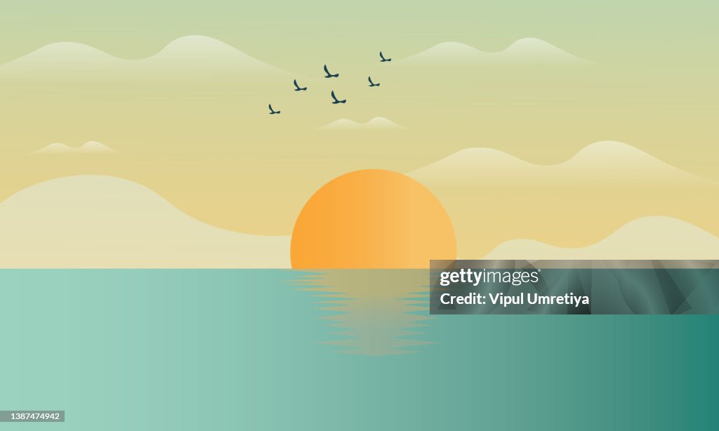 Sunset osean, sea, landscape with mountains and sun, evening. Panorama of mountains, on sunset, dusk, vector, isolated
