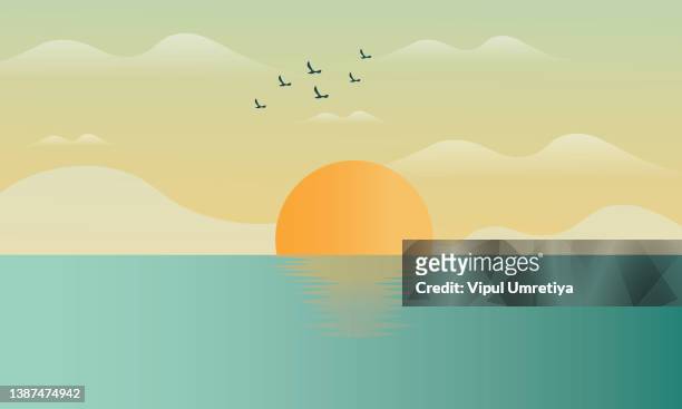 sunset osean, sea, landscape with mountains and sun, evening. panorama of mountains, on sunset, dusk, vector, isolated - strand 幅插畫檔、美工圖案、卡通及圖標