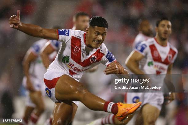 Talatau Amone of the Dragons kicks during the round three NRL match between the St George Illawarra Dragons and the Cronulla Sharks at WIN Stadium on...