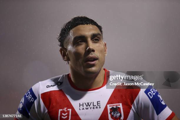 Tyrell Sloan of the Dragons looks on during the round three NRL match between the St George Illawarra Dragons and the Cronulla Sharks at WIN Stadium...