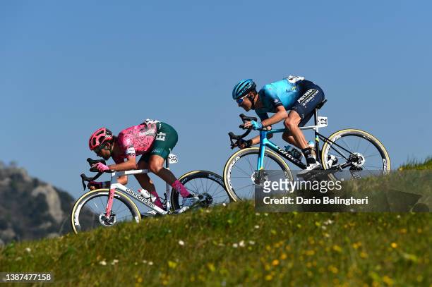 James Callum Shaw of United Kingdom and Team EF Education - Easypost and Antonio Nibali of Italy and Team Astana – Qazaqstan compete in the breakaway...