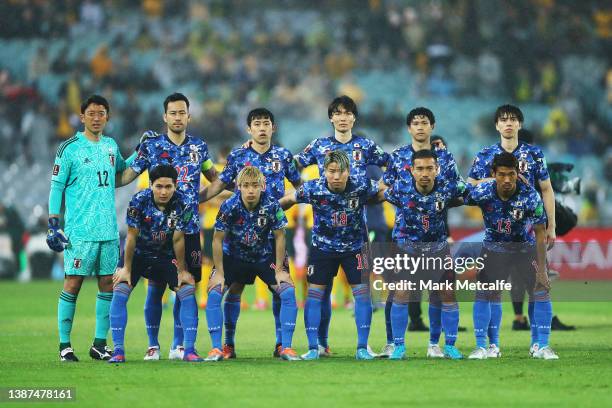 Japan lineup for a team photo during the FIFA World Cup Qatar 2022 AFC Asian Qualifying match between the Australia Socceroos and Japan at Accor...