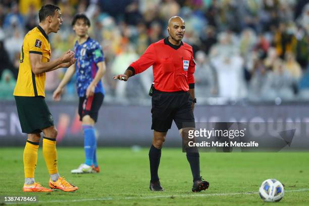 Trent Sainsbury of the Socceroos appeals to the referee after a decision to disallow a goal during the FIFA World Cup Qatar 2022 AFC Asian Qualifying...