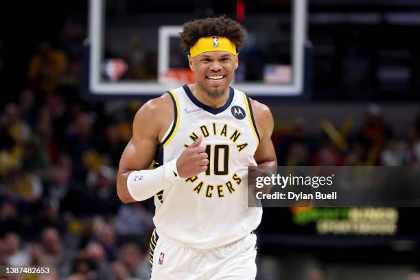 Justin Anderson of the Indiana Pacers jogs across the court in the third quarter against the Sacramento Kings at Gainbridge Fieldhouse on March 23,...