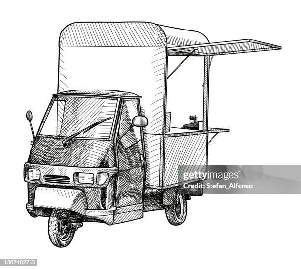 vector drawing of a small food truck - food truck stock illustrations