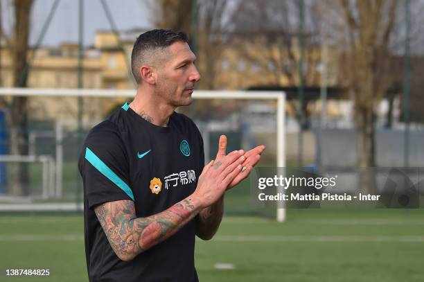 Marco Materazzi applaudes at Suning Youth Development Centre in memory of Giacinto Facchetti on March 05, 2022 in Milan, Italy.