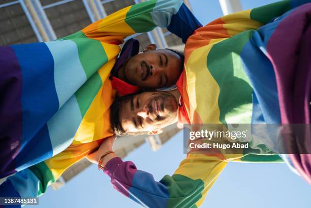 gay couple looking at the camera. - gay pride flag foto e immagini stock