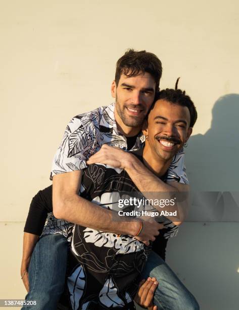 vertical photo gay couple smiling. - real people portrait stockfoto's en -beelden