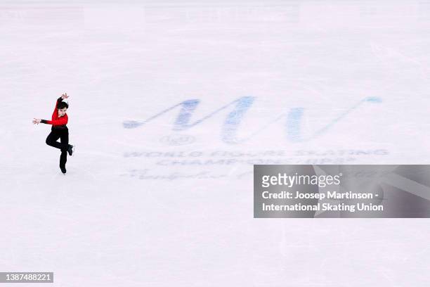 Shoma Uno of Japan competes in the Men's Short Program during day 2 of the ISU World Figure Skating Championships at Sud de France Arena on March 24,...