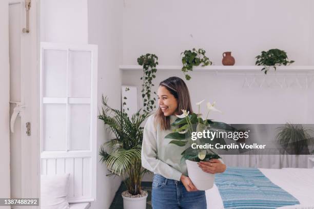 three quarter length of a woman smiling  with a plant - interior design - fotografias e filmes do acervo