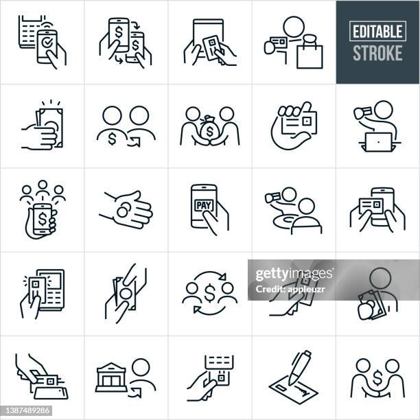 payment methods thin line icons - editable stroke - handing over credit card stock illustrations
