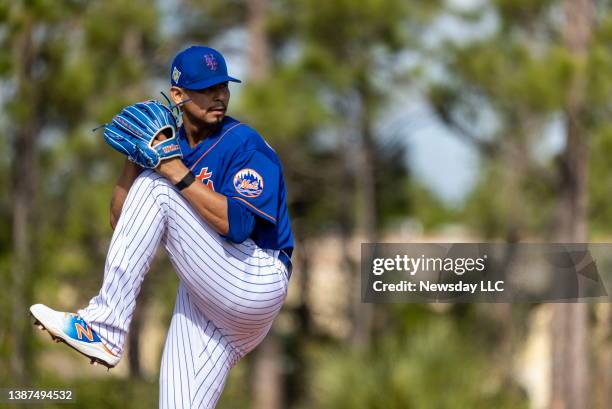 New York Mets pitcher Carlos Carrasco at spring training camp on March 18, 2022 in Port St. Lucie, Florida.