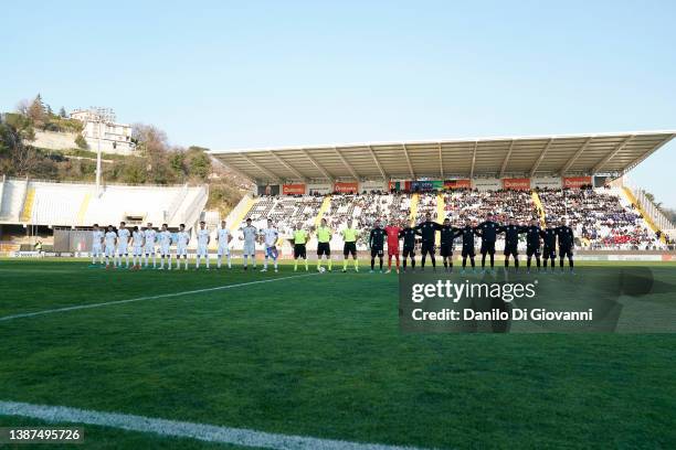 Italy U20 and Germany U20 line-up during national item before the international friendly match between Italy U20 and Germany U20 at Stadio Gino e...