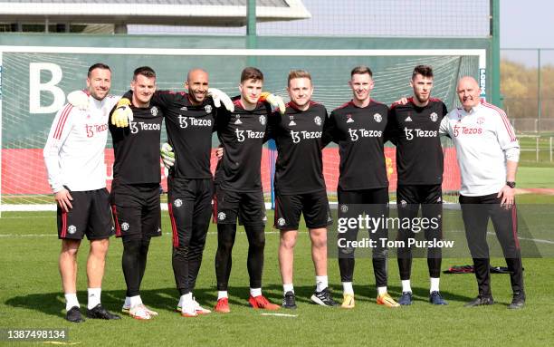 Goalkeeping Coach Craig Mawson, Tom Heaton, Lee Grant, Dermot Mee, Paul Woolston, Dean Henderson, David de Gea, Goalkeeping coach Richard Hartis of...