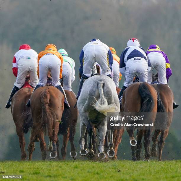 General view as runners make their way to the bottom bend during The Polyroof Products Handicap Chase at Chepstow Racecourse on March 24, 2022 in...