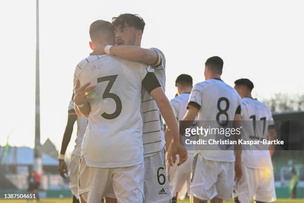 Lukas Ullrich of Germany celebrates after scoring his team`s first goal with Umut Tohumcu of Germany during the international friendly match between...