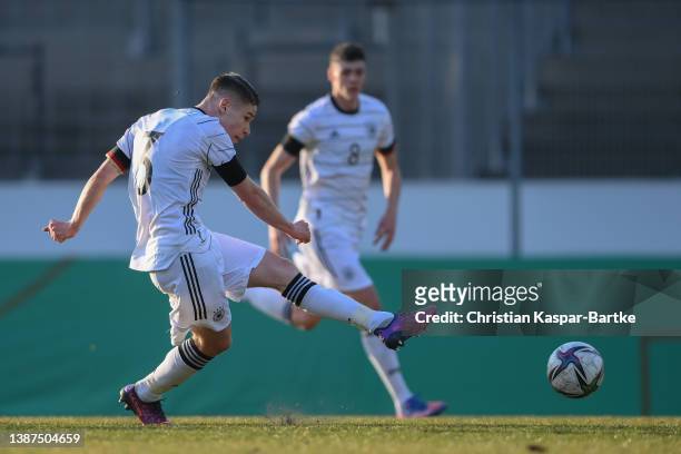 Lukas Ullrich of Germany scores his team`s first goal during the international friendly match between Germany U18 and France U18 at GAZI-Stadion on...