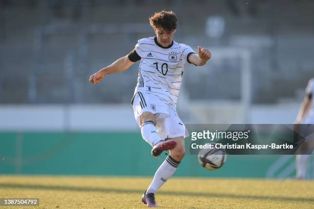 Mika Baur of Germany in action during the international friendly match between Germany U18 and France U18 at GAZI-Stadion on March 24, 2022 in...