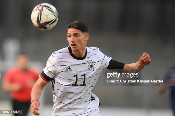 Yusuf Kabadayi of Germany in action during the international friendly match between Germany U18 and France U18 at GAZI-Stadion on March 24, 2022 in...