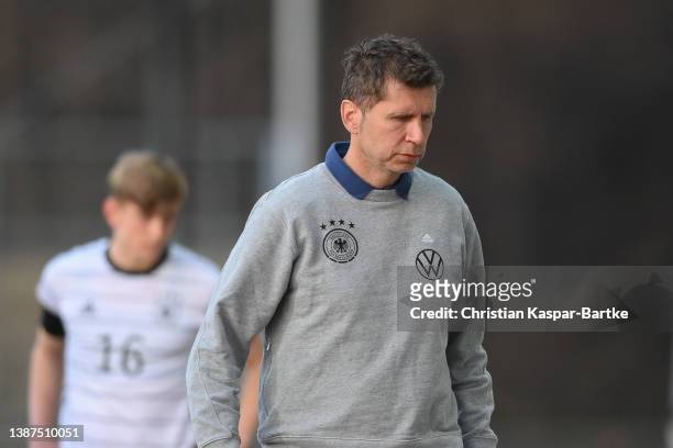 Guido Streichsbier, Head coach of Germany reacts during the international friendly match between Germany U18 and France U18 at GAZI-Stadion on March...