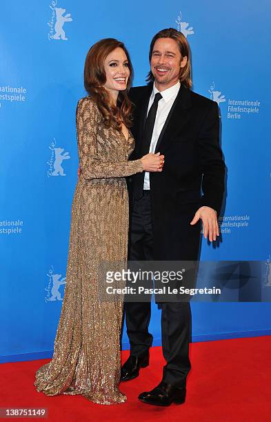 Brad Pitt and director Angelina Jolie attend the "In The Land Of Blood And Honey" Premiere during day three of the 62nd Berlin International Film...