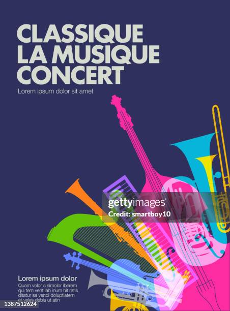 ilustraciones, imágenes clip art, dibujos animados e iconos de stock de cartel del concierto de música clásica en francés - instrumento musical
