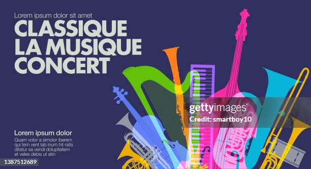 ilustraciones, imágenes clip art, dibujos animados e iconos de stock de cartel del concierto de música clásica en francés - string quartet