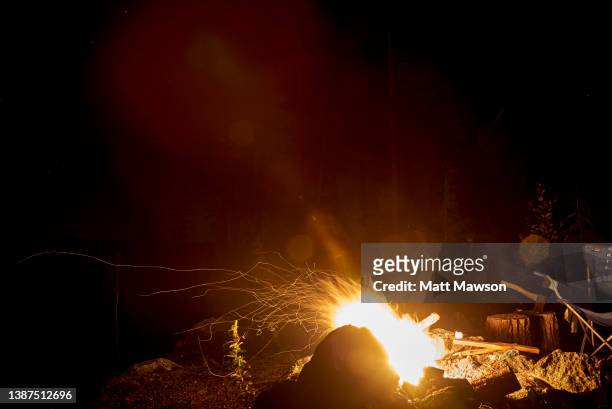 a senior man and his campfire vancouver island bc canada - carmanah walbran provincial park stockfoto's en -beelden