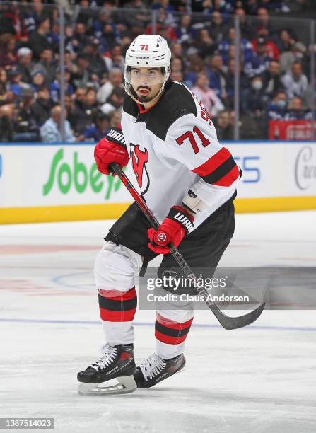 Jonas Siegenthaler of the New Jersey Devils skates against the Toronto Maple Leafs during an NHL game at Scotiabank Arena on March 23, 2022 in...