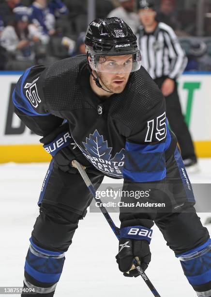 Alexander Kerfoot of the Toronto Maple Leafs waits for a faceoff against the New Jersey Devils during an NHL game at Scotiabank Arena on March 23,...