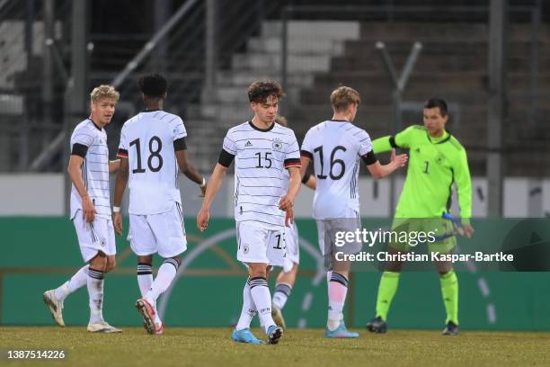 Aaron Zehnter of Germany reacts after the international friendly match between Germany U18 and France U18 at GAZI-Stadion on March 24, 2022 in...