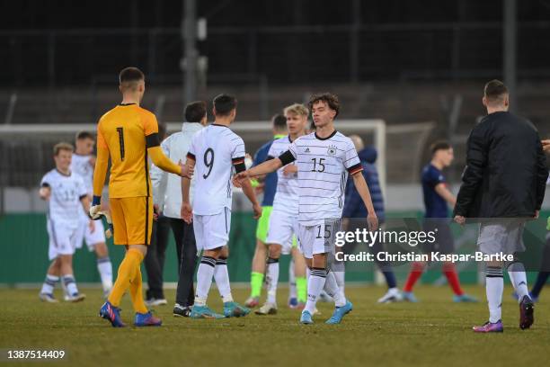 Aaron Zehnter of Germany reacts after the international friendly match between Germany U18 and France U18 at GAZI-Stadion on March 24, 2022 in...
