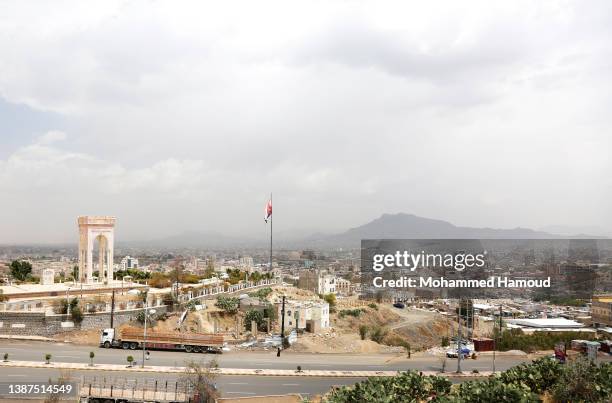 Part of Yemen's capital of Sana'a is seen and the Egyptian statue overlooks the city on March 22, 2022.