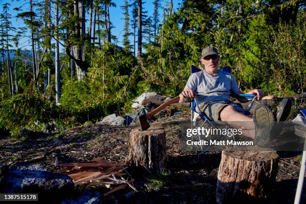 a senior man and his campsite vancouver island bc canada - carmanah walbran provincial park stockfoto's en -beelden